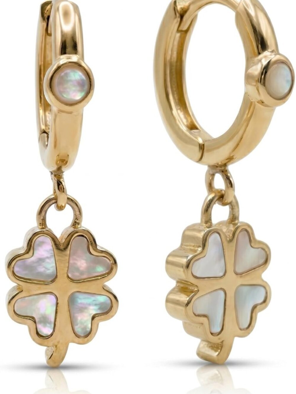 Elegant Mother of Pearl Four Leaf Clover Huggie Earrings, 18K Gold Plated Charm